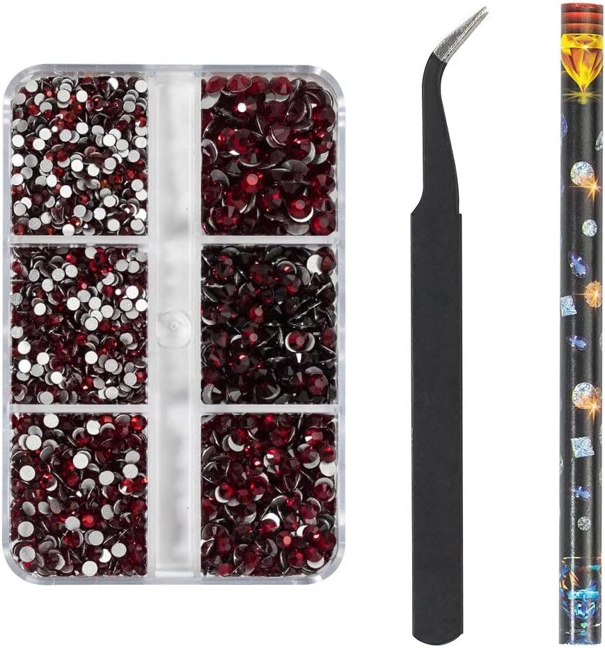 HNUIX Luxury Shini 3D Diamond Crimson Multi-Size Nail Rhinestones Flatback Nail Charms Flat Bottom Crystals Nail Art 3D Decoration Gem Kit - (Color: Dark Red)