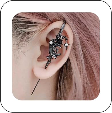 Andelaisi Punk Moon Ear Crawler Earrings Vintage Crescent Moon Ear Needle Piercing Earrings Black CZ Moon Ear Bar Wrap Earrings Moon Edgy Ear Pin Single Earrings Jewelry for Women