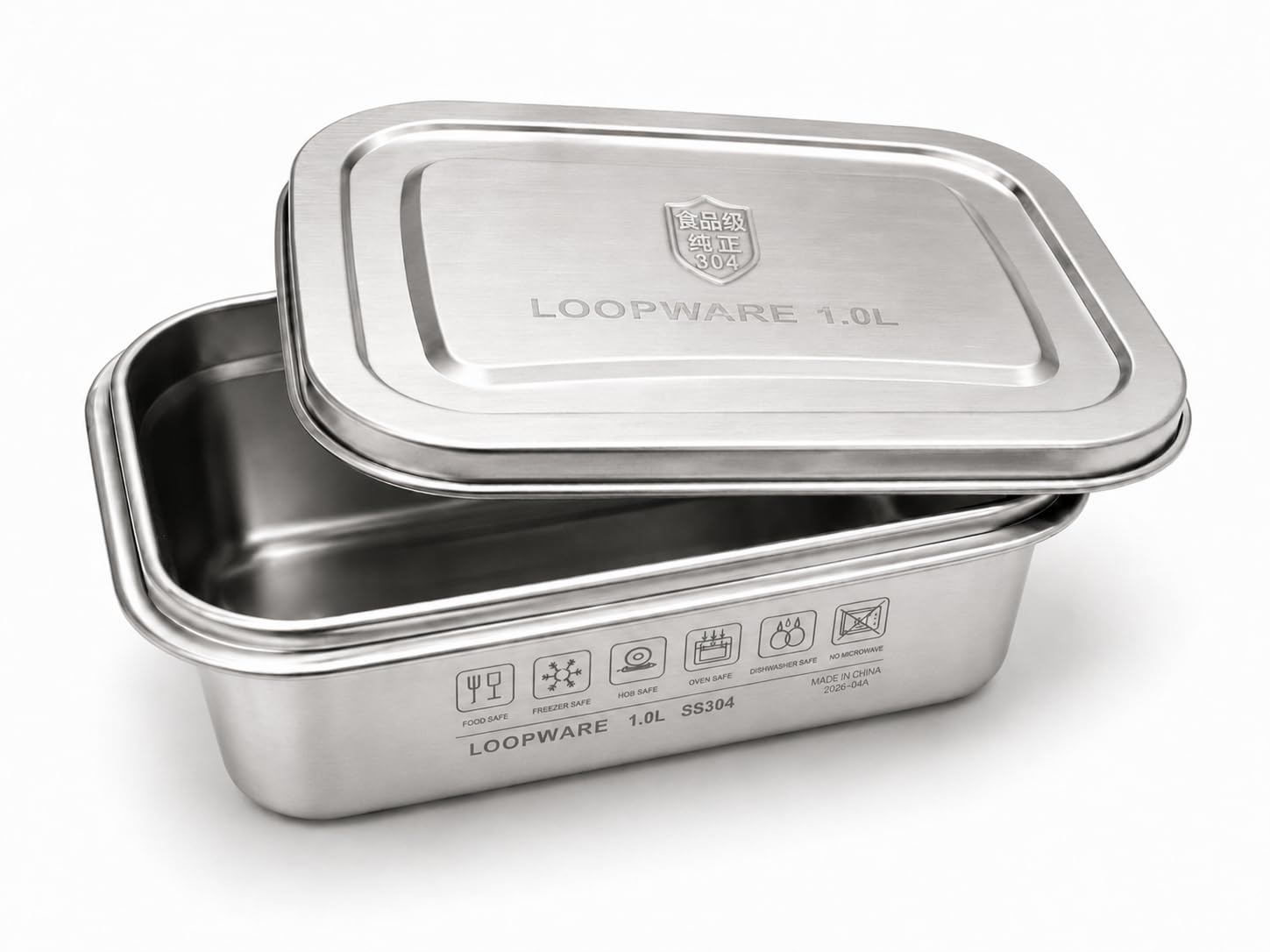 Loopware Stainless Steel Freezer Container with Lid 1.0L, Food Storage & Cooking Container | All 304 Steel Including the Lid, No Silicone or Plastic | Freezer to Hob, Oven, Dishwasher Safe | Nesting