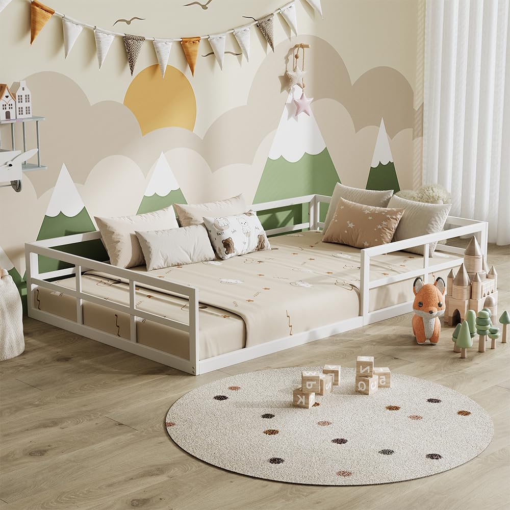 VitaliSpa Minno Floor Bed 120x200, Metal Children’s Bed, Montessori Bed with Safety Guard, Low Entry Height, White