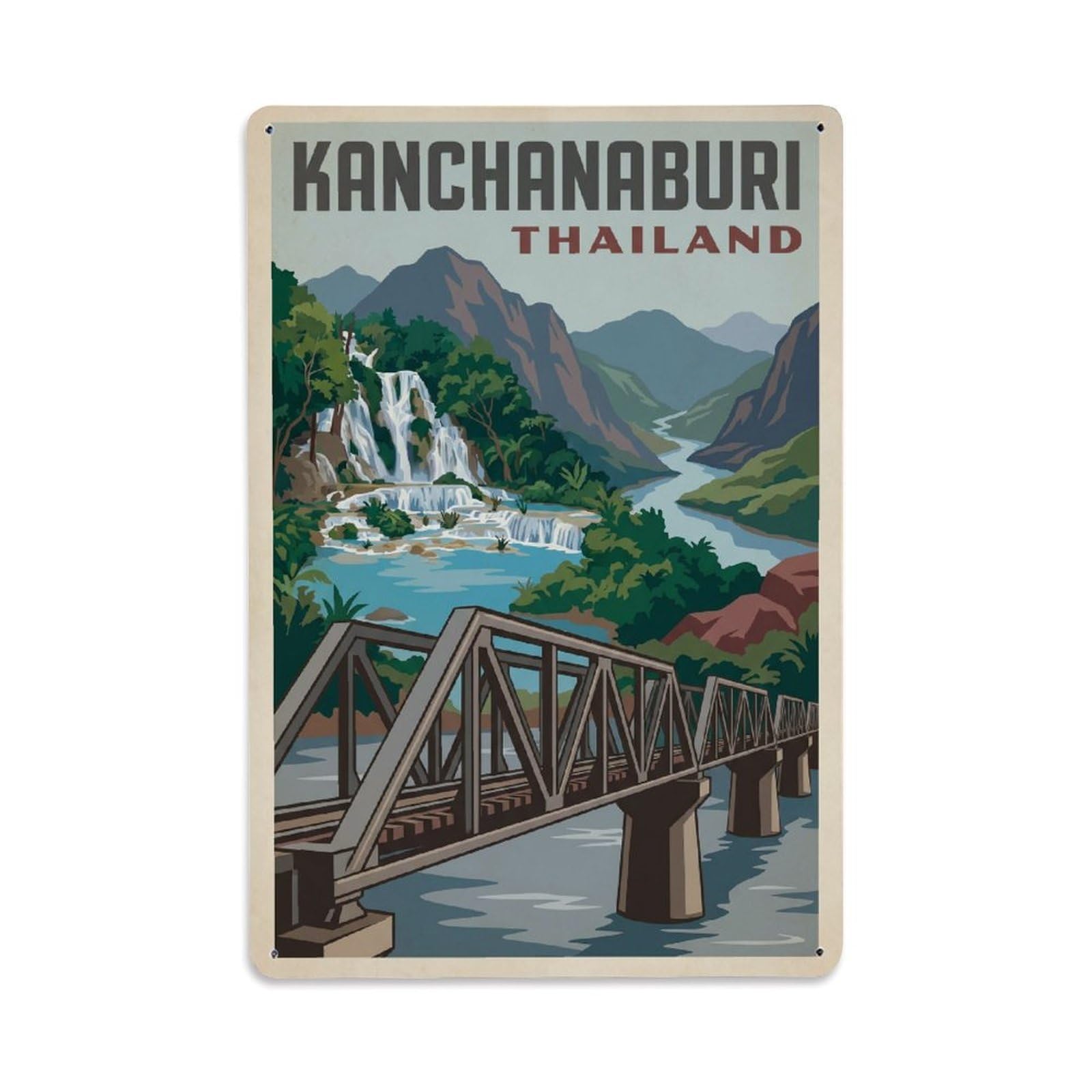 Retro Travel Thailand Kanchanaburi Metal Tin Sign Plaque Wall Decor for Cafe, Club Bar, Office, Garden Metal Poster 8x12Inch