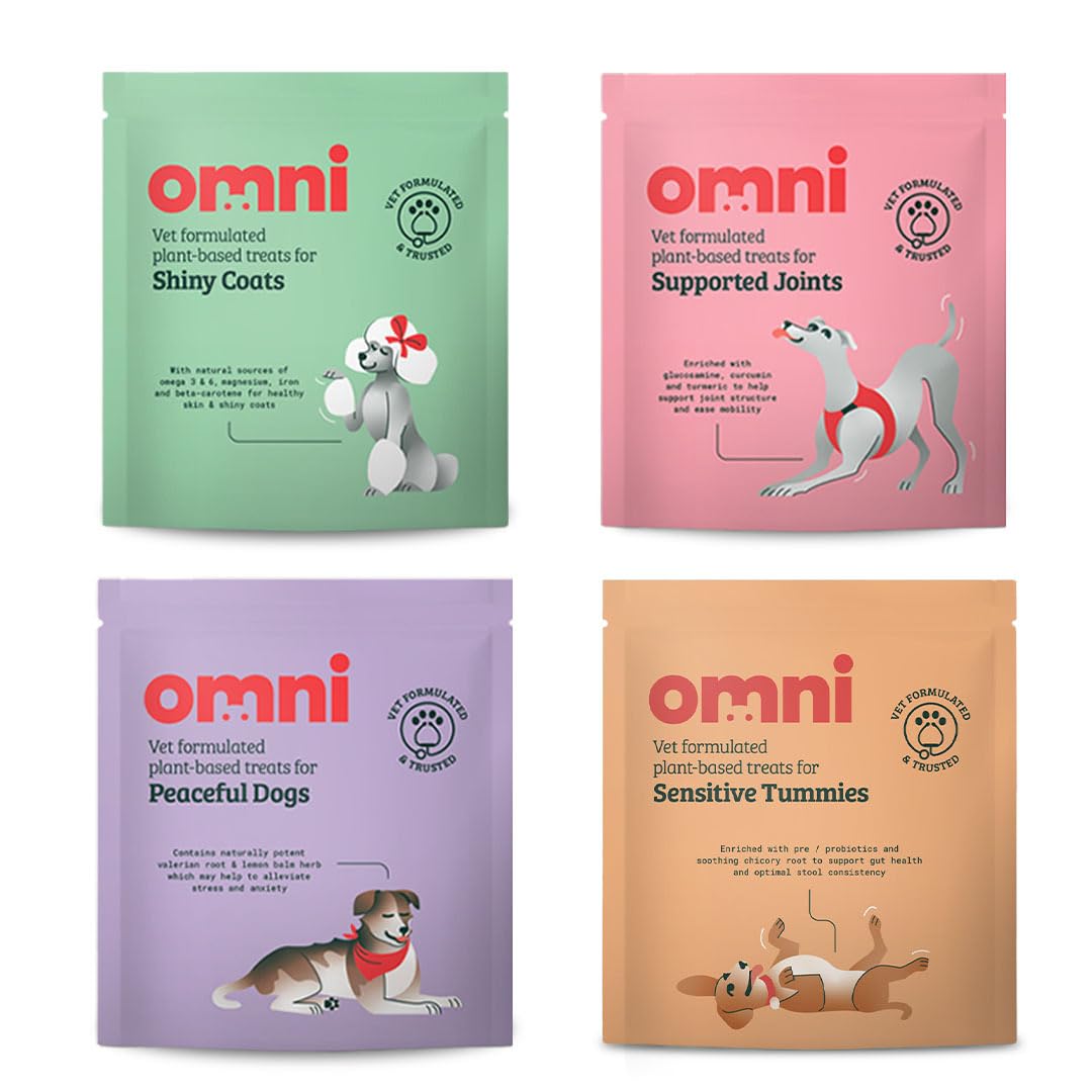 OmniVet Formulated Plant-based Treats - Shiny Coat, Sensitive Tummies, Calming & Supported Joints for Mobility - Multibag Case, 70g x 4