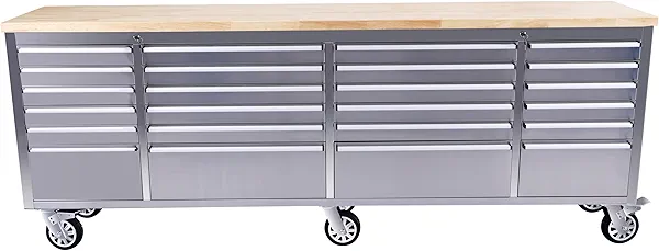96 inch Rolling Tool Chest, Garage Workbench with 24 Drawers, Solid Rubber Wood Top & with Wheels Lock Key Locking, Mobile Workstation Tool Cabinet for Workshop Storage