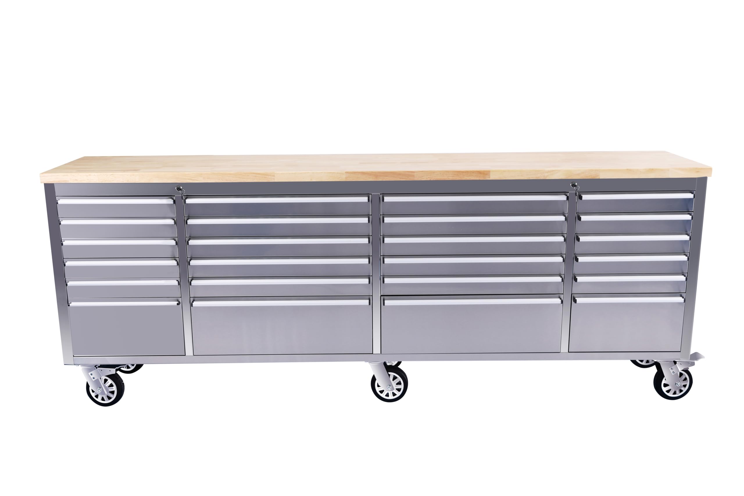 IDEALHOUSE 96 inch Rolling Tool Chest, Garage Workbench with 24 Drawers, Solid Rubber Wood Top &amp; with Wheels Lock Key Locking, Mobile Workstation Tool Cabinet for Workshop Storage