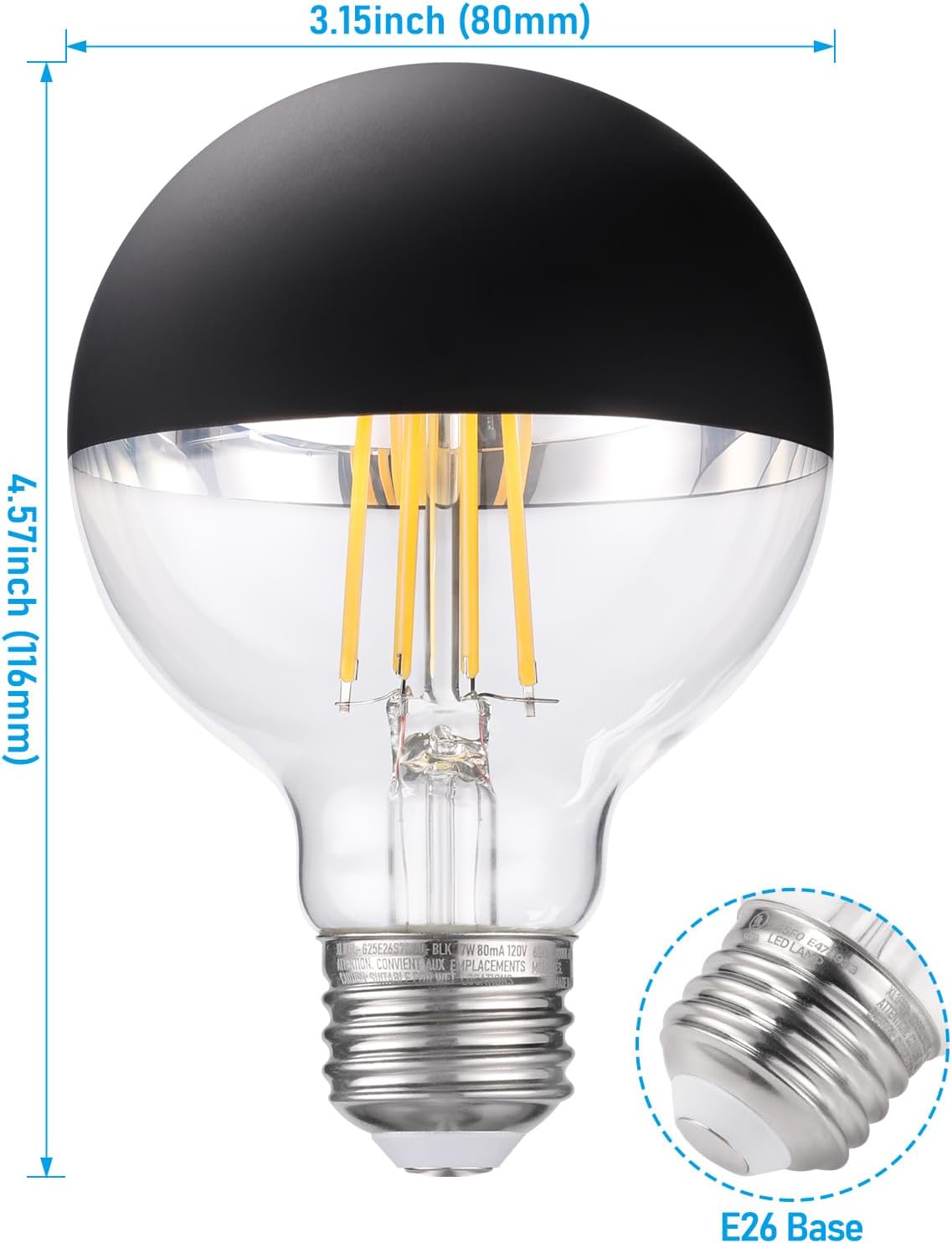 TORCHSTAR Dimmable Half Chrome Light Bulb, 7W (75W Eqv.), Anti Glare LED Light Bulbs, UL Listed, E26 Black Dipped Bulb, G25 Globe Light Bulbs for Bathroom, Vanity, Mirror, 3000K Warm White, Pack of 6