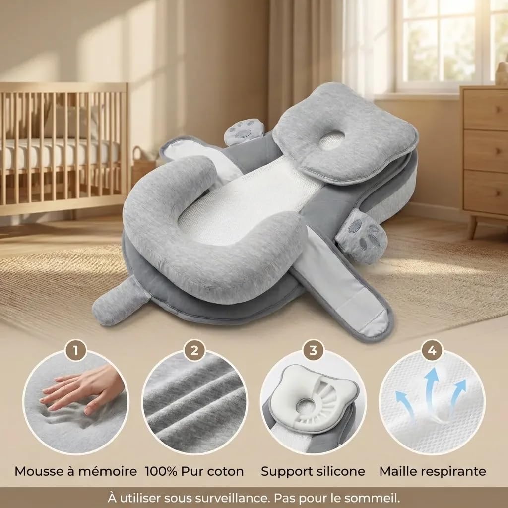 Plan Incliné Bébé 10° Certifié EN71 - Support Ergonomique avec Coussinet Silicone - Design 3-en-1 Déhoussable et Lavable - Cale Bébé pour Repos et Éveil 0-12 Mois
