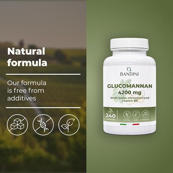 Bandini® Glucomannan from the konjac Root – 4200 mg per dose – 240 Capsules | Optimized with bacterial cultures, chromium, vitamin B3 and inulin – High-strength supplement – 100% Vegan