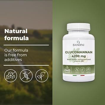 Bandini® Glucomannan from the konjac Root – 4200 mg per dose – 240 Capsules | Optimized with bacterial cultures, chromium, vitamin B3 and inulin – High-strength supplement – 100% Vegan