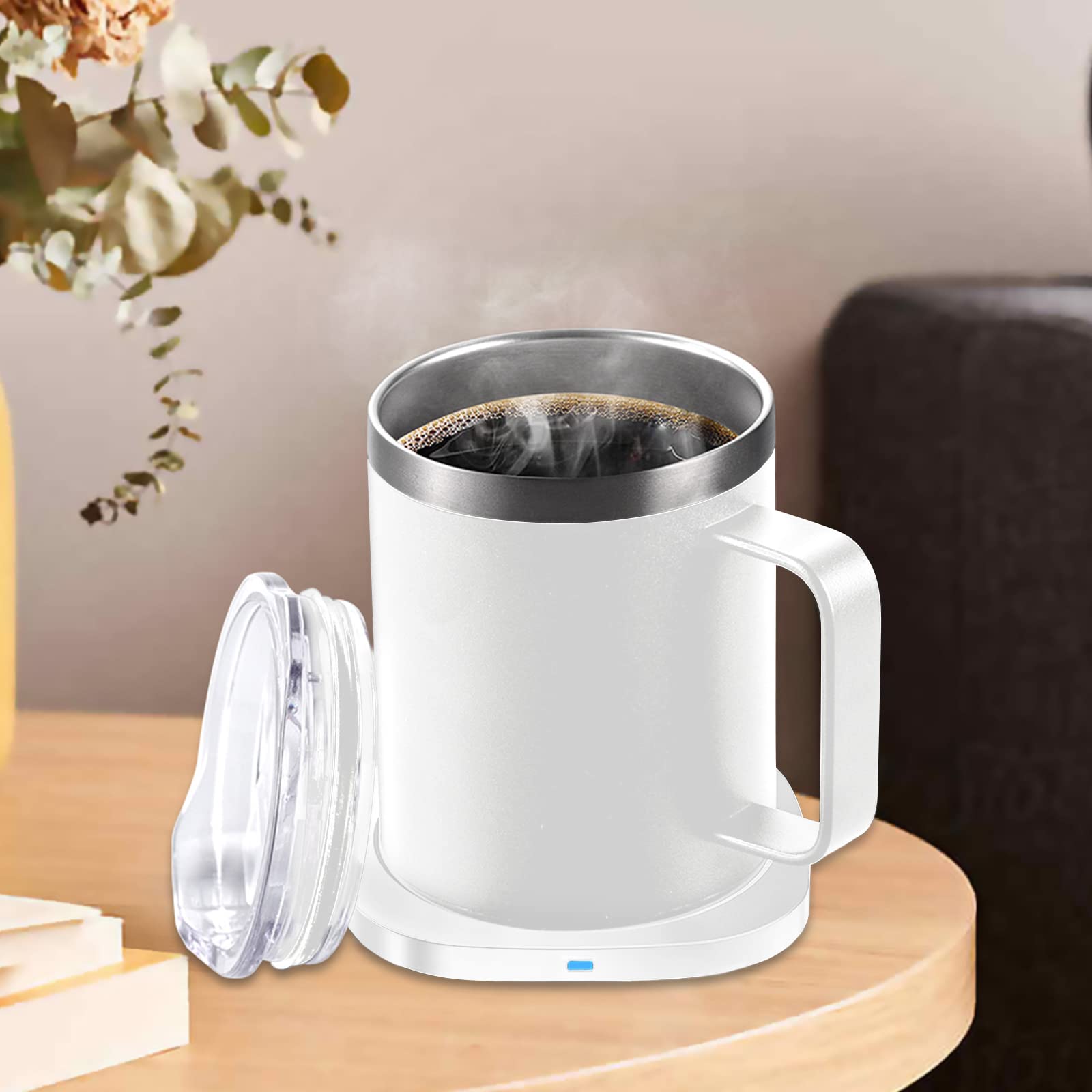 Acero inoxidable calentado taza de café calentador conjunto (blanco)