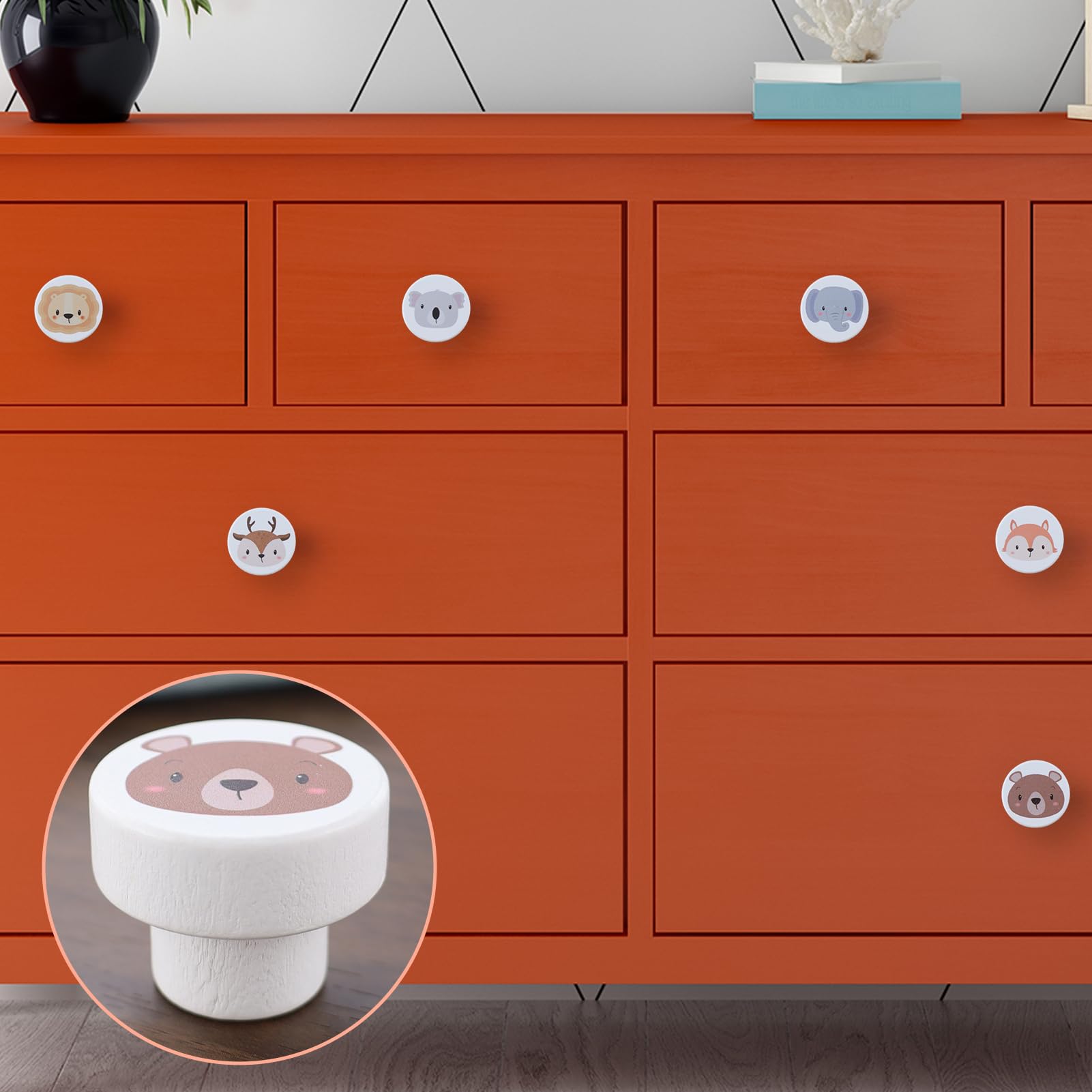 6 Pezzi Pomelli Per Mobili Bambini in Legno, Maniglie Cameretta con Viti, Pomelli Decorativi in Legno per Armadietti con Diversi Motivi di Animali