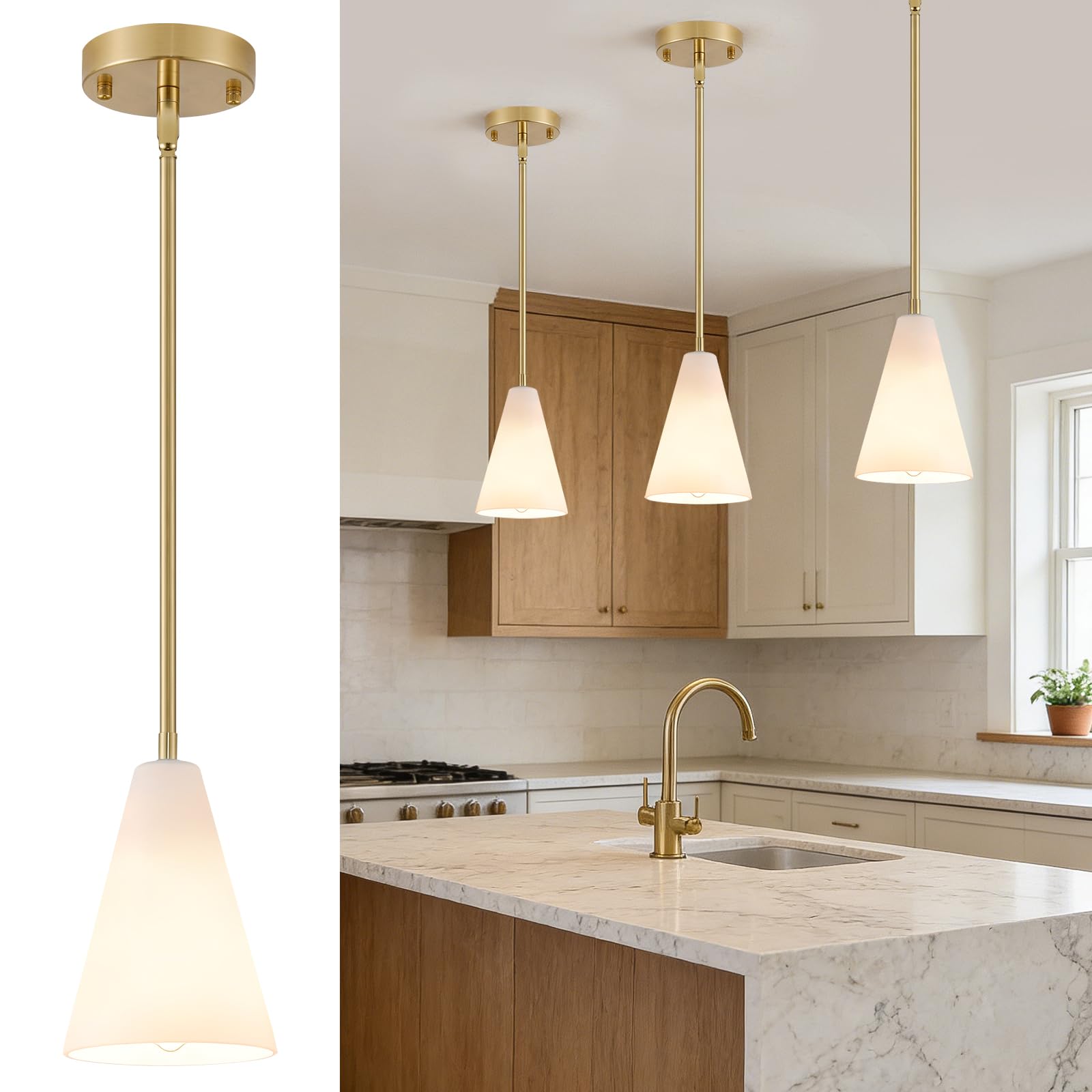 Photo 1 of Dijiahua 3-Pack White Glass Pendant Lights, Modern Gold 1-Light Small Cone Hanging Light, Brass Finish Metal Tube Pendant Lighting for Kitchen Island, Dining Room, Entryway - E26 Base