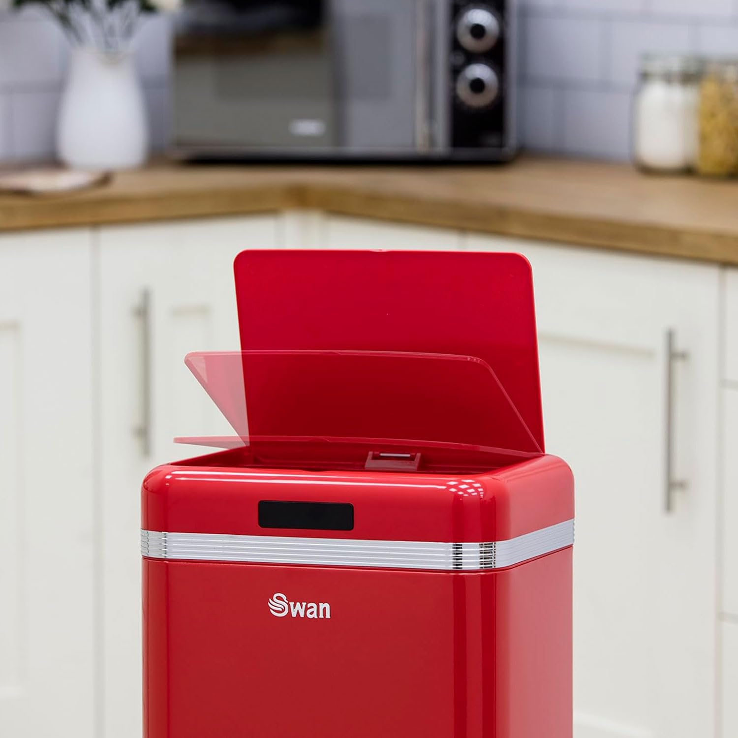 Swan Retro Küche Mülleimer Automatisch, Abfalleimer mit Bewegungssensor, 45 Liter, Metallisch, Intelligenter Küchenabfalleimer mit großer Kapazität, Vintage-Design, Rot