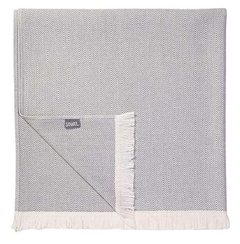 Sowel® hamam-handduk, Fouta strandhandduk, bastuhandduk, 100 % ekologisk bomull, 100 x 190 cm, tillverkad i Portugal, grå/ecru