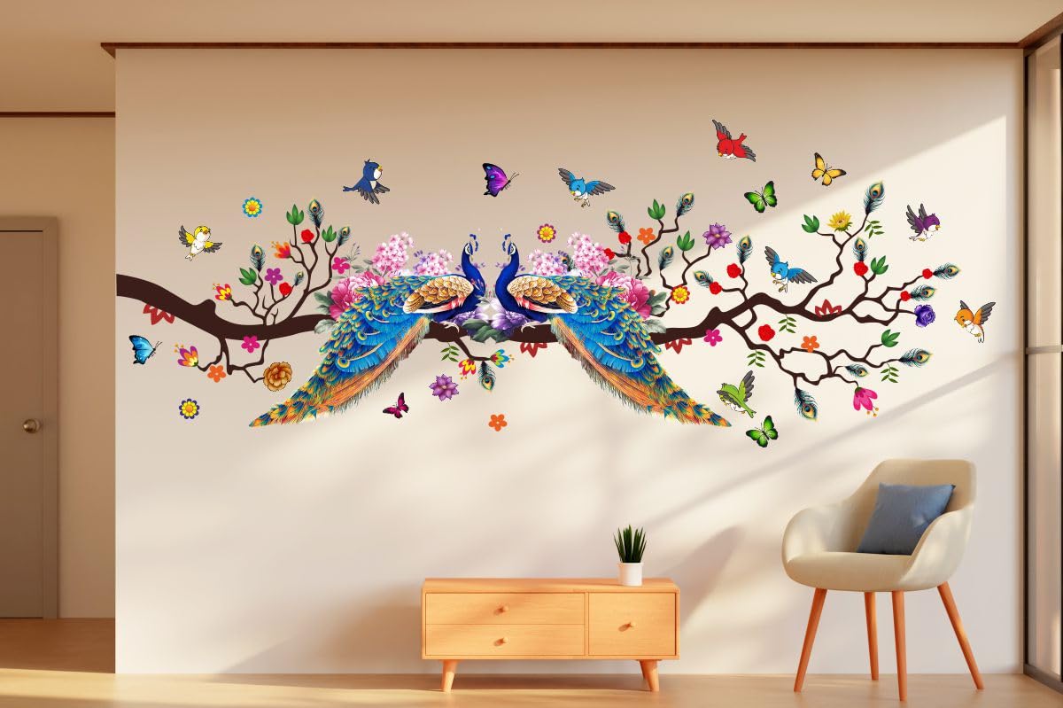DivineDesigns PVC Self-Adhesive Two Peacocks Birds Butterflies Wall Sticker for Home Decoration Pack of 1 (20 X 48) Inch