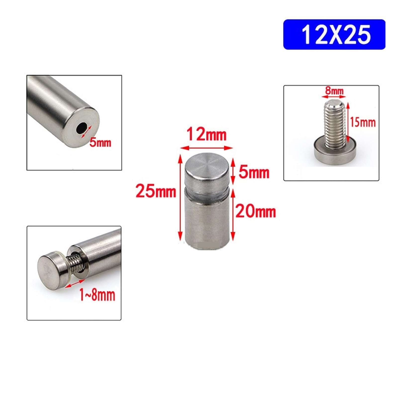 Tornillo de fijación para vidrio, Separadores acrílicos de vidrio acero inoxidable 12x(20-100) mm 10 piezas(12x100mm)