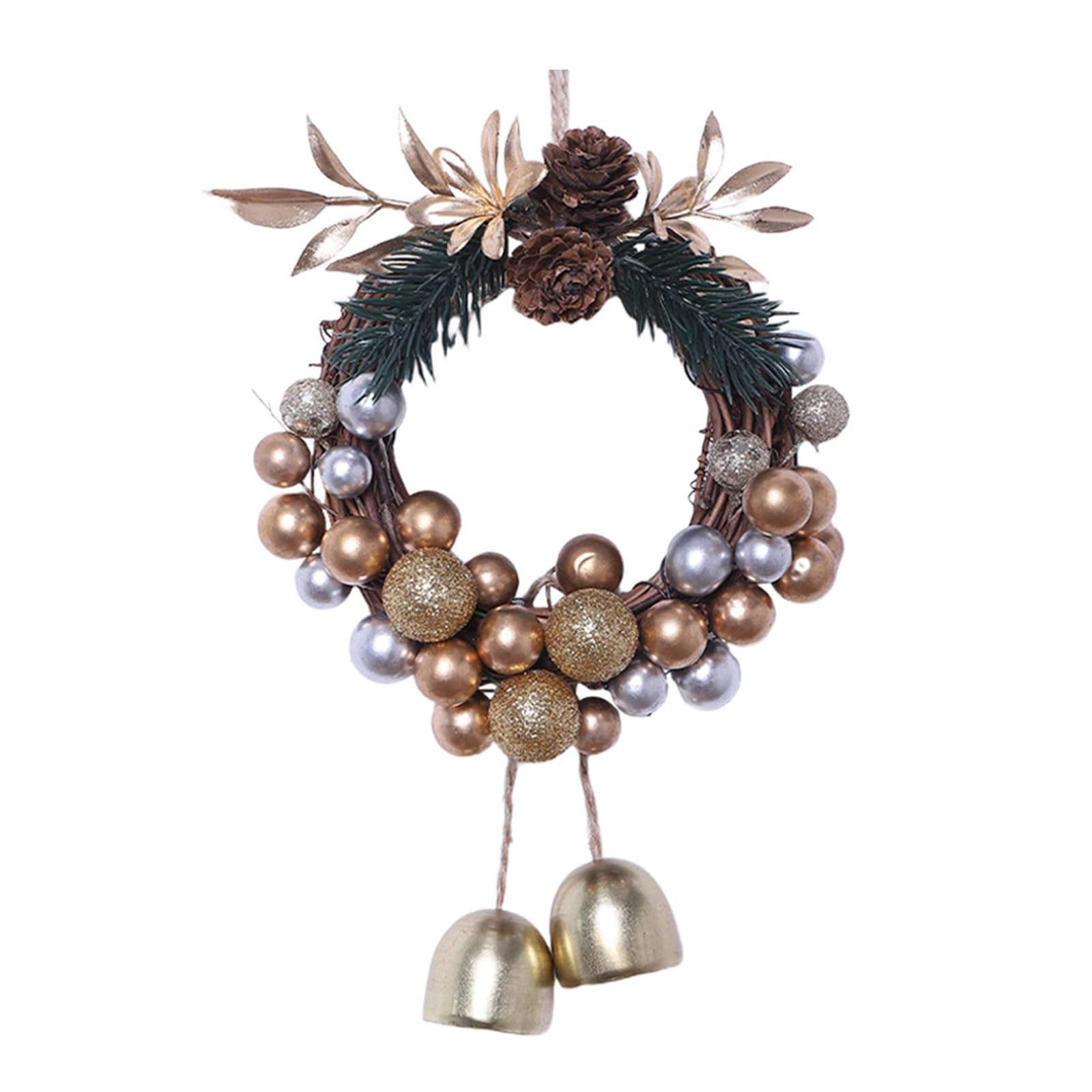Holiday Hanging Wreath Decoration Bells Pinecone Bow Ornament Display Home Christmas Party Decors Christmas Rattan Wreath with Bells
