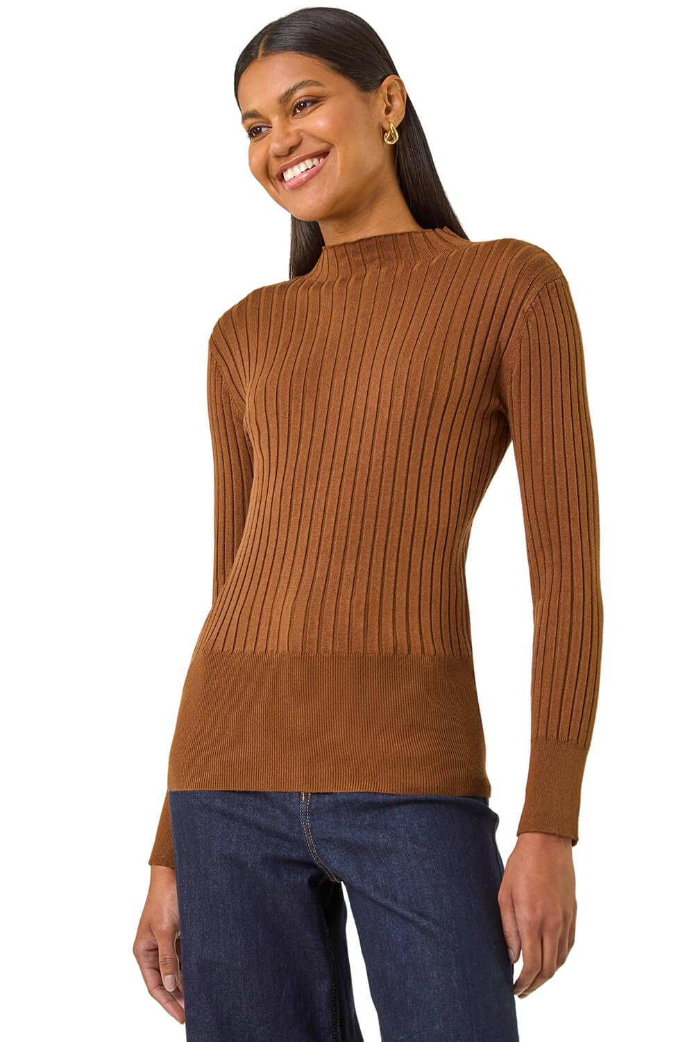 Roman Originals Women's Chocolate Ribbed Detail Knitted Jumper For Uk - Everyday Holiday Spring Summer Round Neckline Comfy Soft Evening Vacation Work Party - Size 14