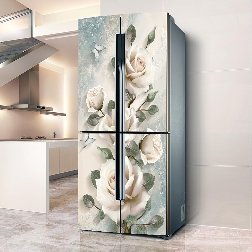 Fridge Stickers, Fridge Sticker Full Covering Door Covers Skins Wall Stickers for Kitchen Decal, White Peony Flower(L: 100x180 cm)