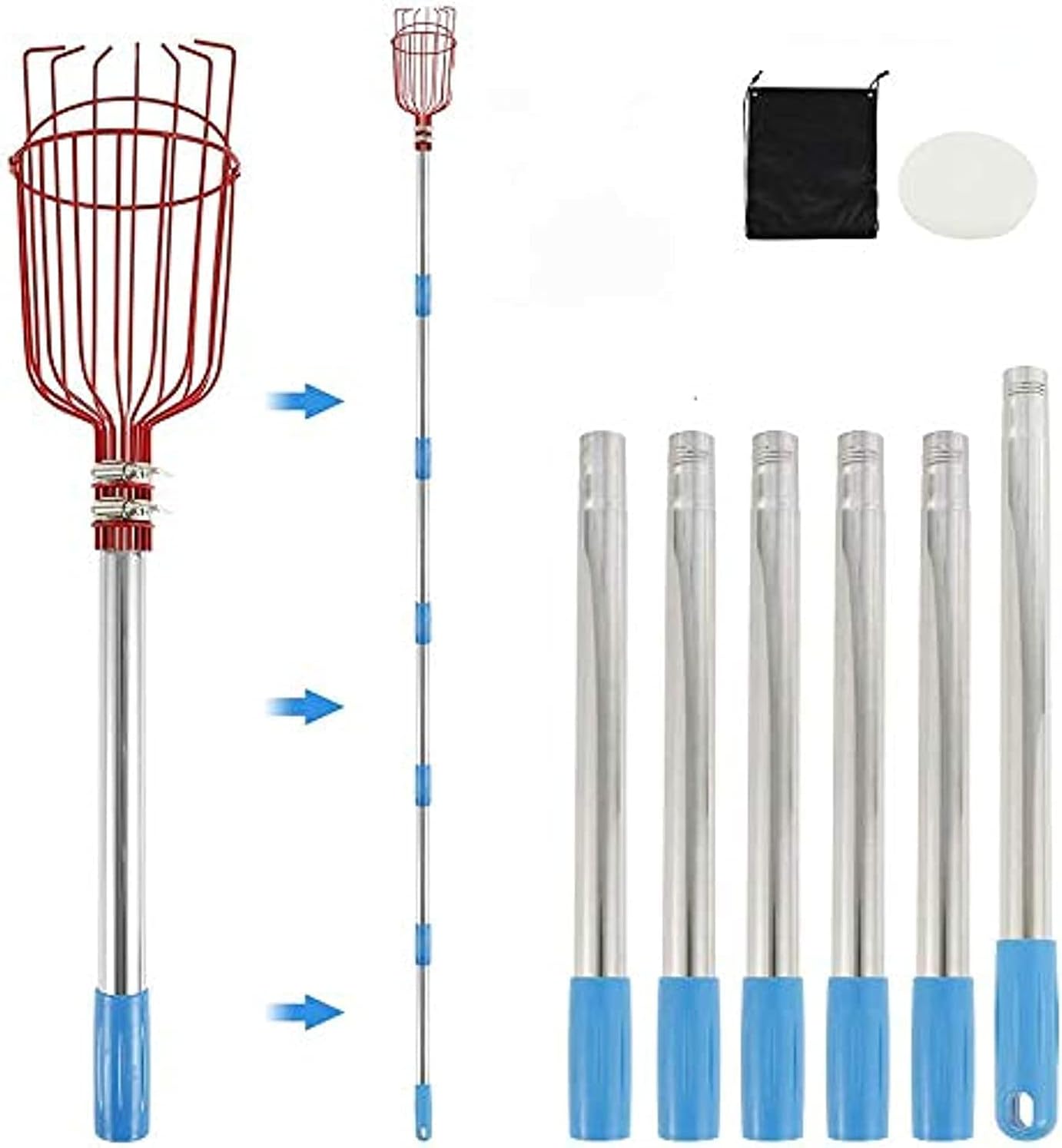 zaizai Professional Fruit Picker Tool Telescopic, Metal Fruit Catcher Tool with 1.6M Adjustable Pole, Foam Pad, Metal Clamp and Fruit Storage Bag