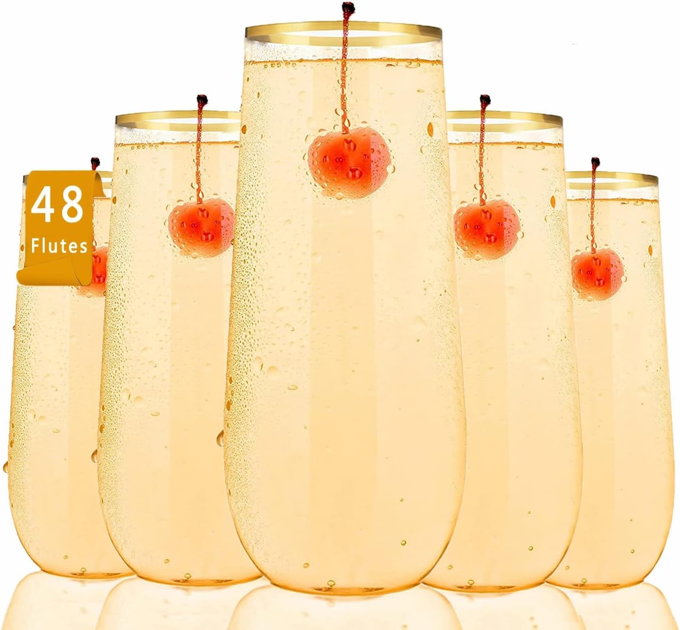 ROIMEE VONT 48 Pack Stemless Plastic Champagne Flutes Disposable 9 Oz Clear Plastic Champagne Glasses Plastic Mimosa Glasses with Gold Rim Unbreakable for Party Wedding Birthday (Heavy Duty) 48 Heavy Duty Plastic