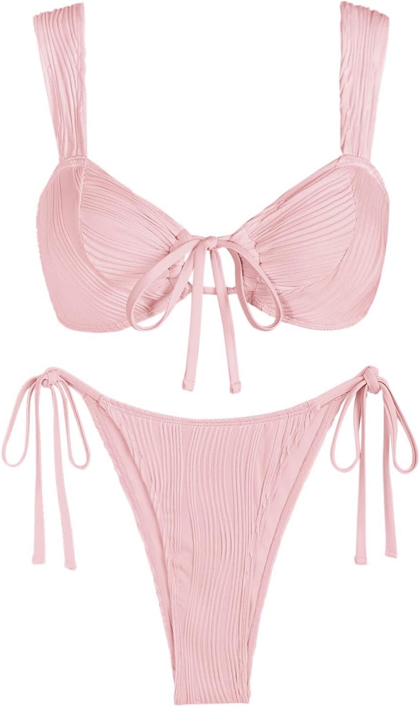 seamoly Bikini Sets for Women Ribbed Cutout Swimsuit Cheeky High Cut Side Tie Thong Bathing Suit Tie Back Swim Suits