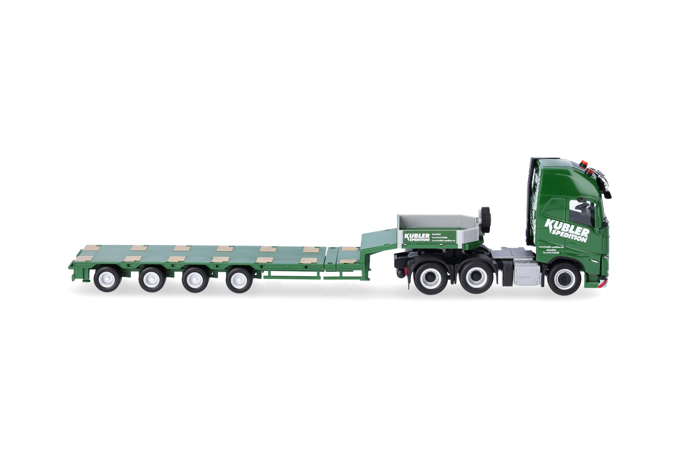 Herpa Model ciężarówki Volvo FH GL XL 2020 naczepa niskopodwoziowa "Kübler", miniatura w skali 1:87, kolekcjonerski, Made in Germany, plastik