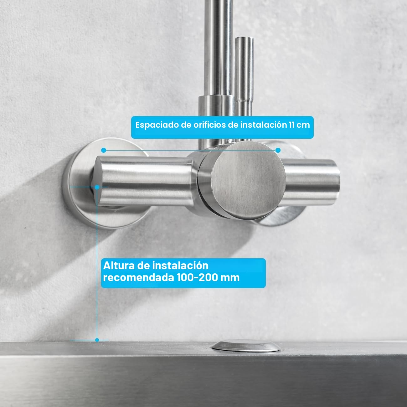 ONECE Grifo Cocina en la Pared 11 cm Distancia Entre Orificios de Montaje, Grifería a Muro Rotación de 360​°, Mezclador Monomando de Fregadero Acero Inoxidable 304, Aireador Extraíble
