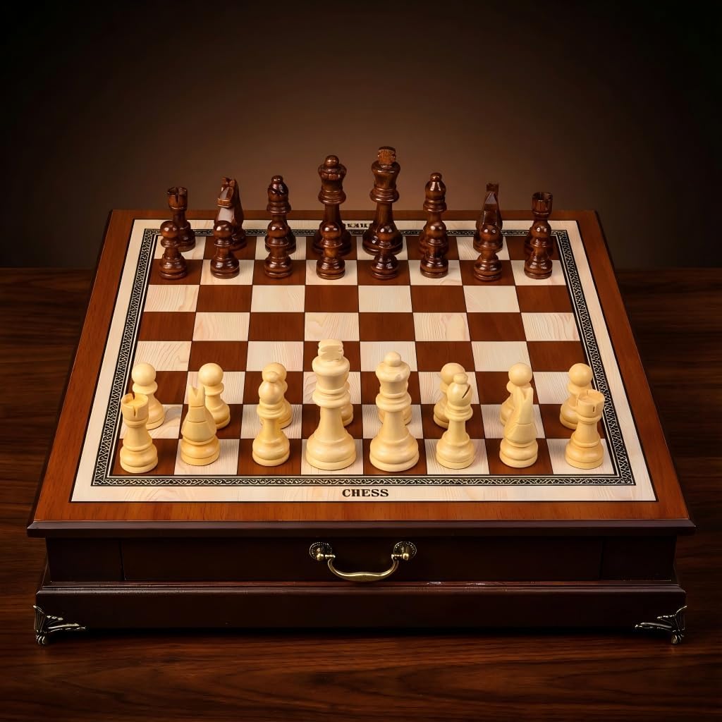 14.6-Inch Wooden Chess Set with Drawer Storage – Handmade Chess Board with 2 Extra Queens, Elegant Home Decor and Strategy Game for Adults & Beginners
