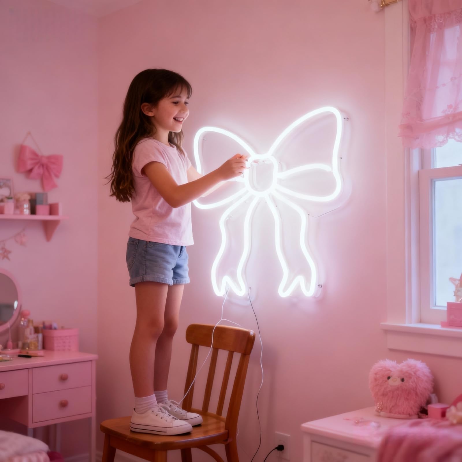 Decorazione con fiocco, decorazione per la stanza, regali per fidanzata, dormitorio delle ragazze, camera da letto, regali per studenti, feste, colleghi e bambini, insegna al neon bianca 30 x 30