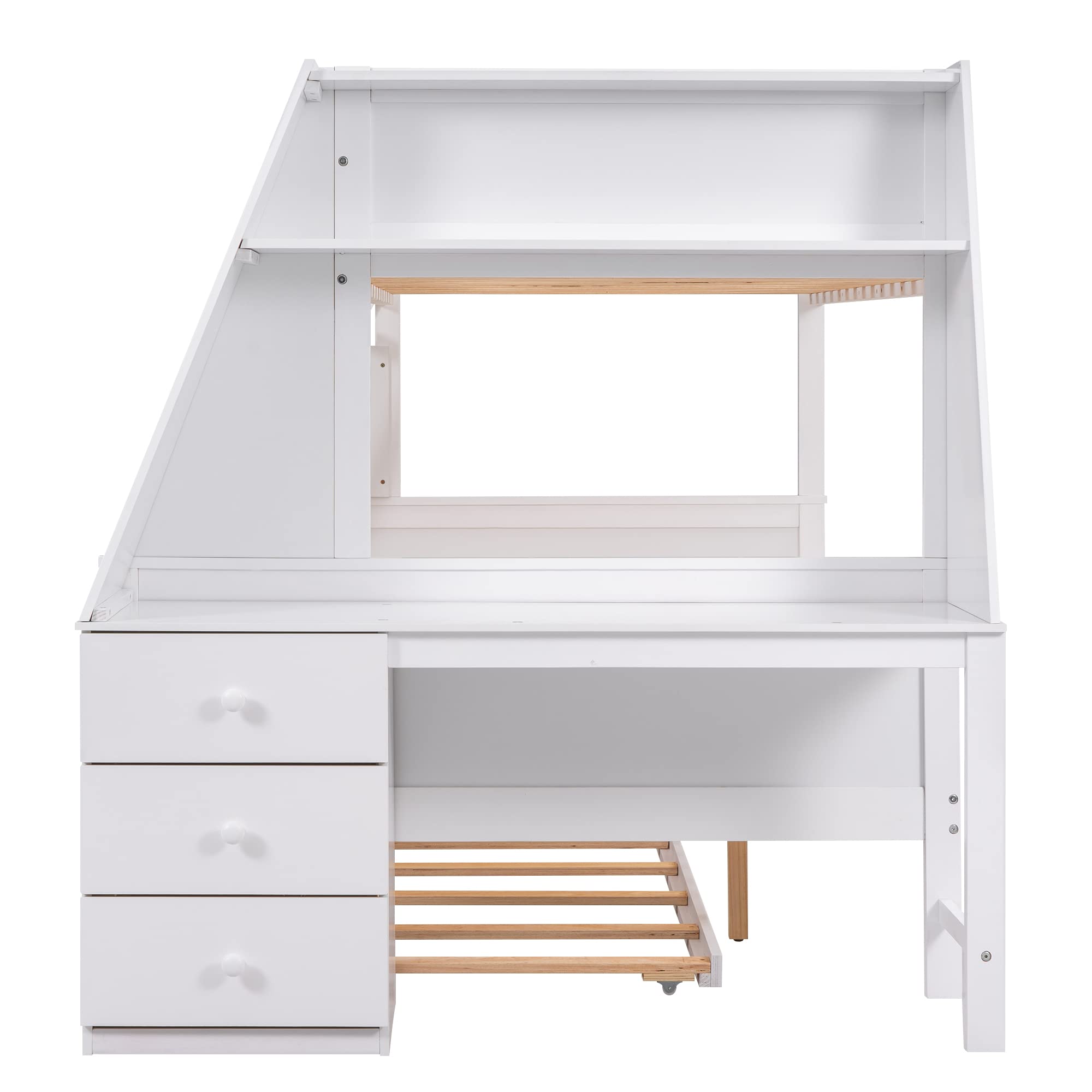 Merax Twin Over Full Bunk Bed with Work Station Solid Wood Bunk Bed with Trundle, Desk, 3 Drawers and Shelf for Bedroom (box 1/3 Incomplete)