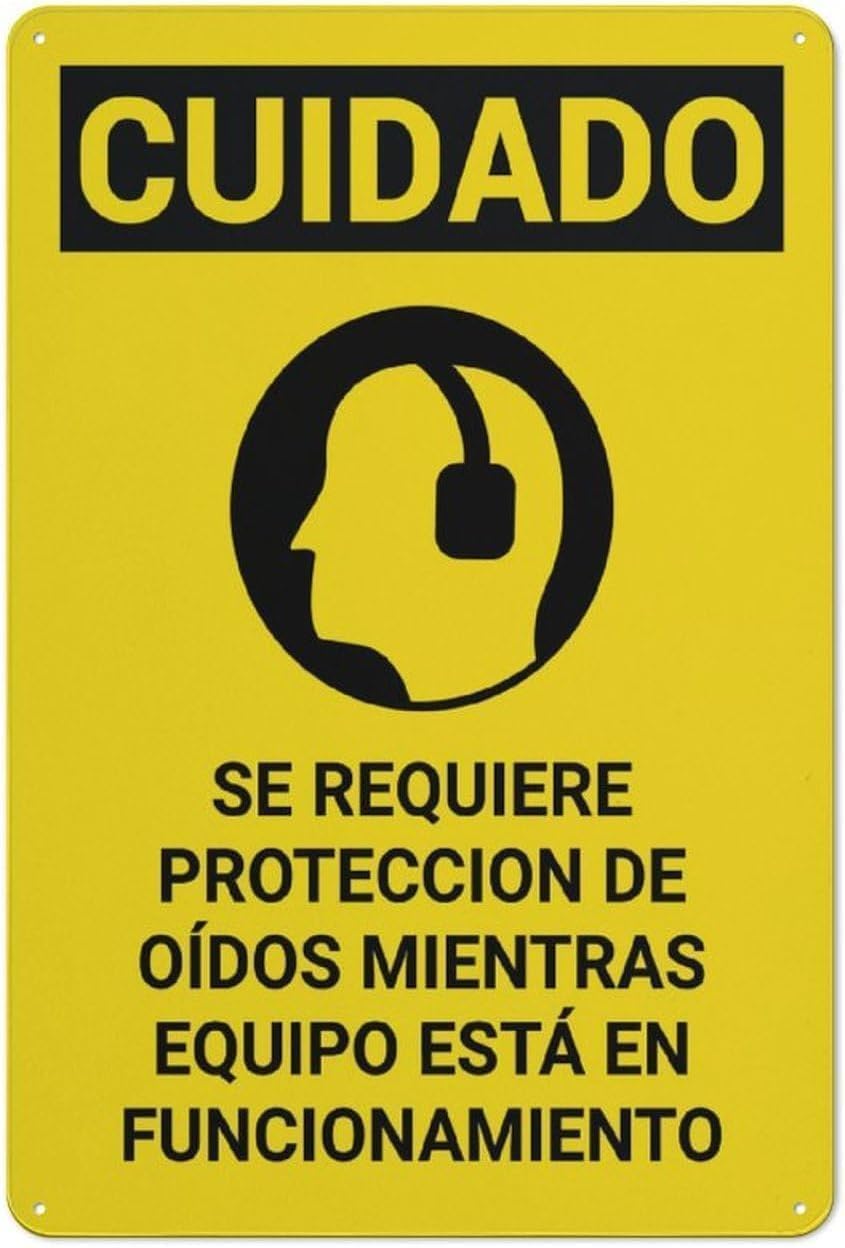 Spanish Equipment Noise Protection Sign, Industrial Outdoor Hearing Safety Reminder Metal Sign 12x8 Inch