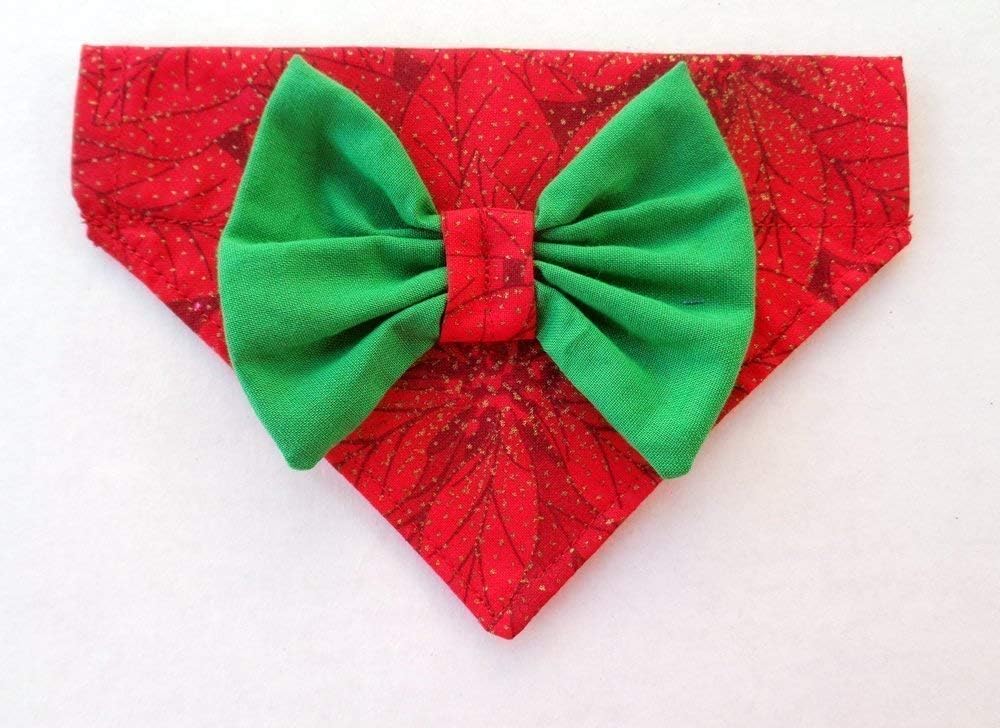 2 in 1 Christmas Poinsettia Dog Bandanna and Green bow, Festive Holiday Petwear Neckwear Accessories Slip-On No-Tie