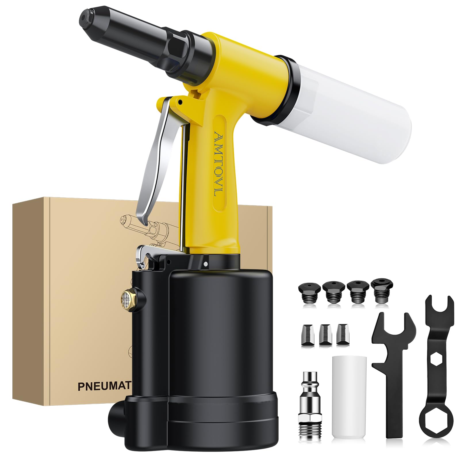 AMTOVL Remachadora Neumática con 4 Boquillas 2.4mm,3.2mm,4.0mm,4.8mm,3 Mordazas,1408KGF,Pistola de Remachadora Hidraulica Autocebante para Reparación de Automóviles