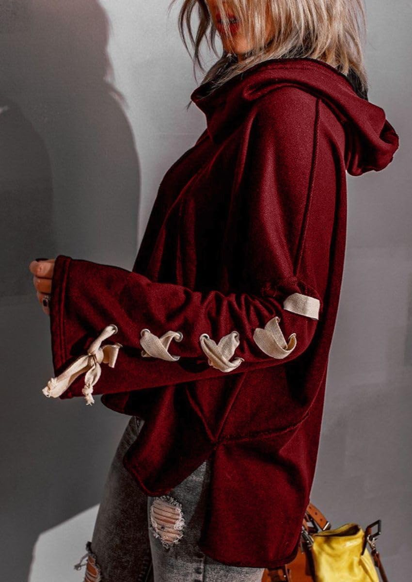 Women's Cowl Neck Pullover Sweatshirt Bow Tie Long Sleeve Loose Casual Boyfriend Hooded Sweatshirt
