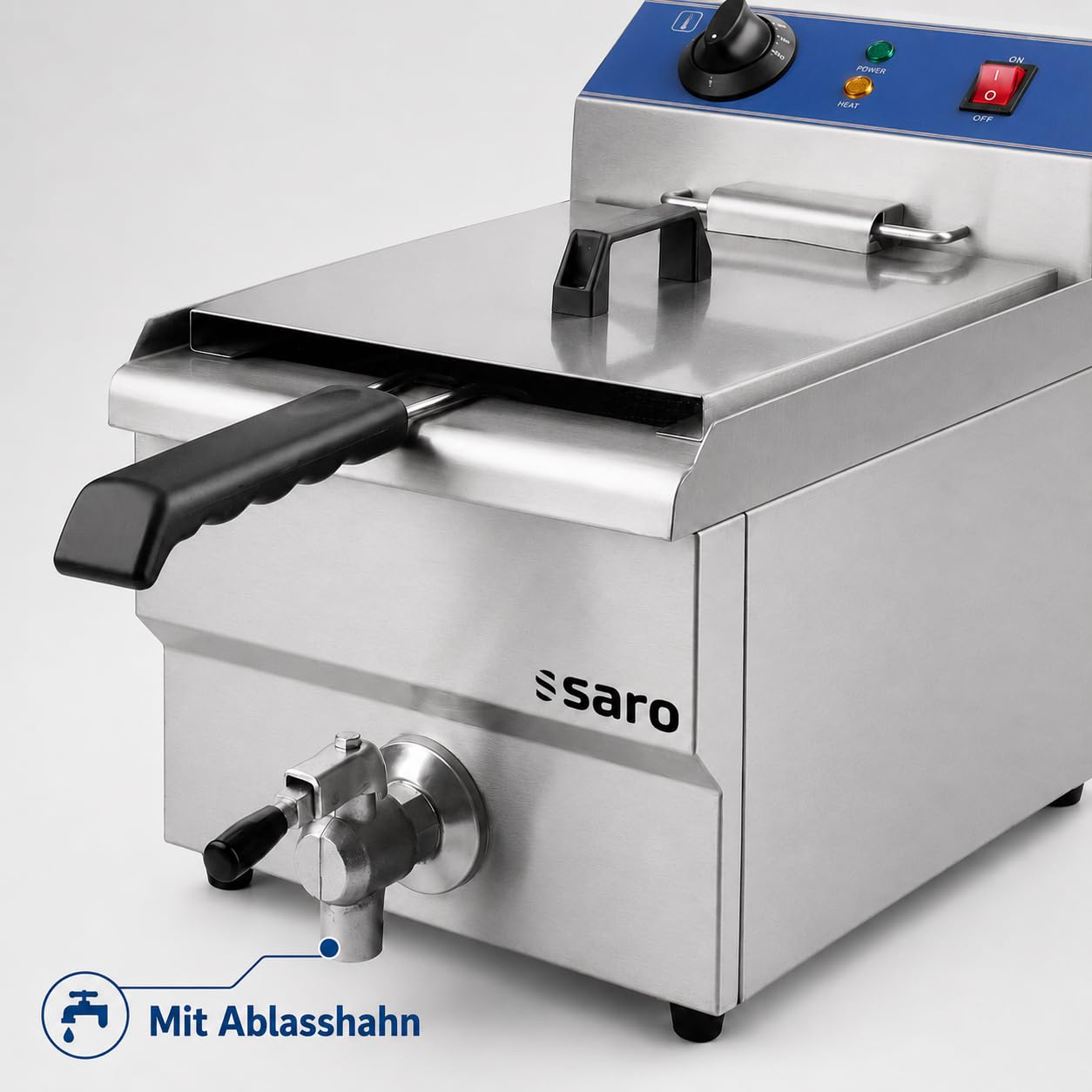 SARO Fritteuse aus Edelstahl – 13 L – Mit Ablasshahn - Abgerundetes Becken mit Kältezone – Stufenlose Temperaturregelung – Herausnehmbares Heizelement – 0–180 °C – 3,3 kW – Modell FT 13