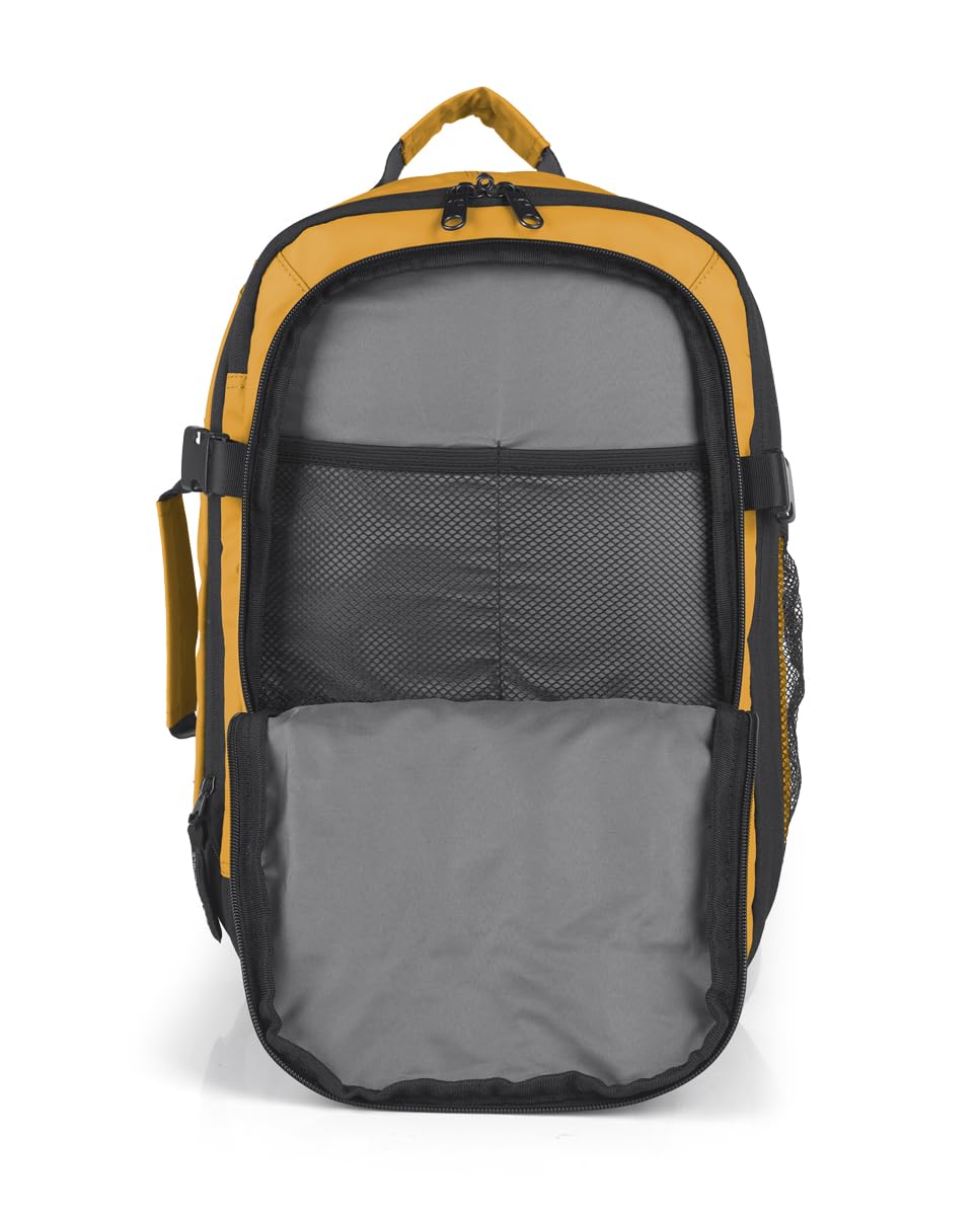 Gabol - Mochila de Viaje Underseat Canada con Capacidad 20/23L - Equipaje Ligero de 0,62kg y Medidas 25x40x20/23 cm - Material Piel Sintética + Textil - Diseño Español - Color Mostaza