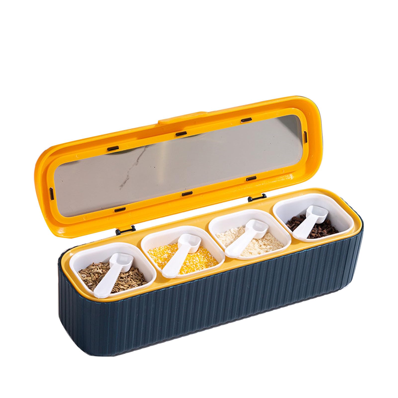 Seasoning Storage Box Sealed 4 Compartment Container Set Household Storage Container Condiment Jars with Spoon for Storage Condiment Sugar Salt Kitchen (Blue)