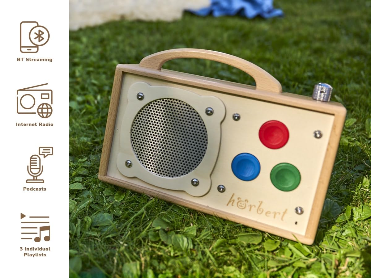 hörbert 3.0 für Senioren + Inhalte für Senioren. Mit 3 Playlists, Mikrofon und USB-C Ladeanschluss, als Internet-Radio, Podcast-Player, MP3-Player und Bluetooth Lautsprecher aus Holz