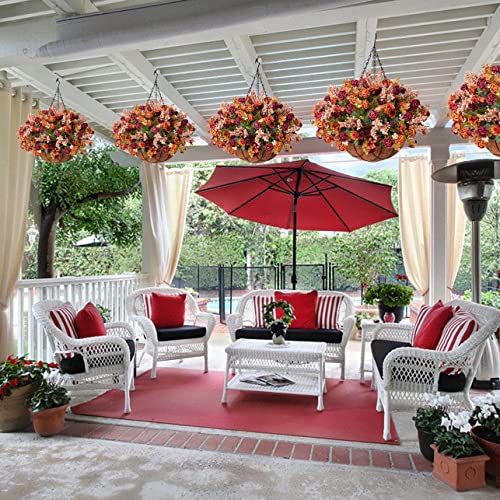 Artificial Hanging Flower With Basket For Home Courtyard Decoration, Artificial Silk Rose Fake Plant Arrangement In 12 Inch Coconut Lining Basket For Outdoor Indoor Decor,10 Bundles With Basket(Brown) #TOP3