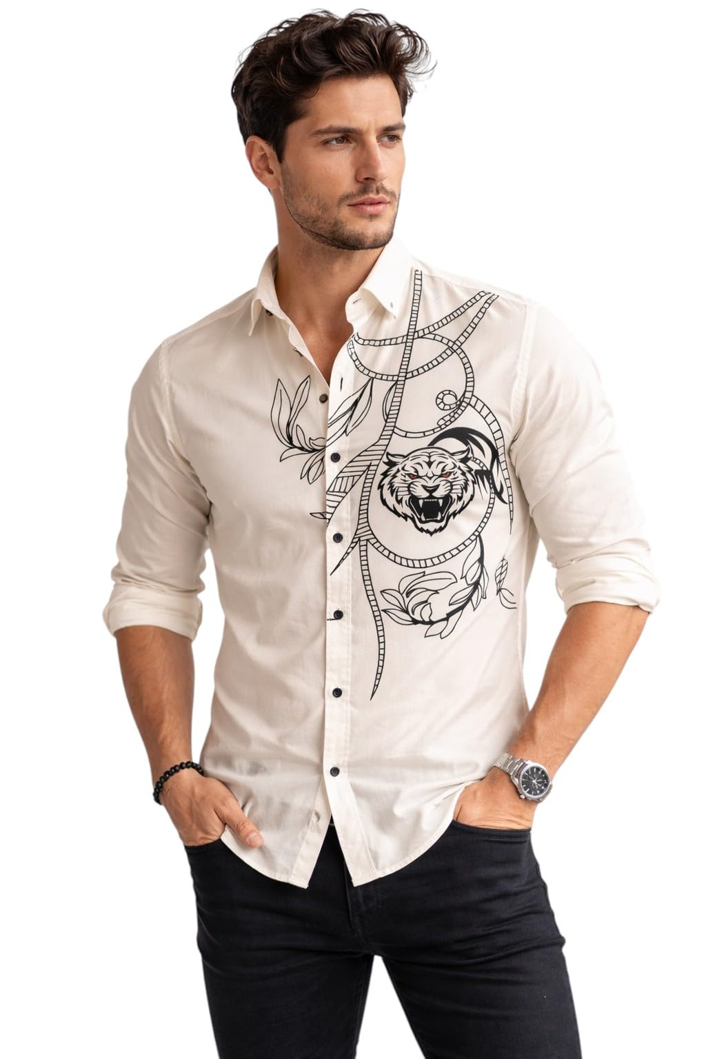 Premium Tiger Print Linen Designer Shirt for Men - Casual White-image-7
