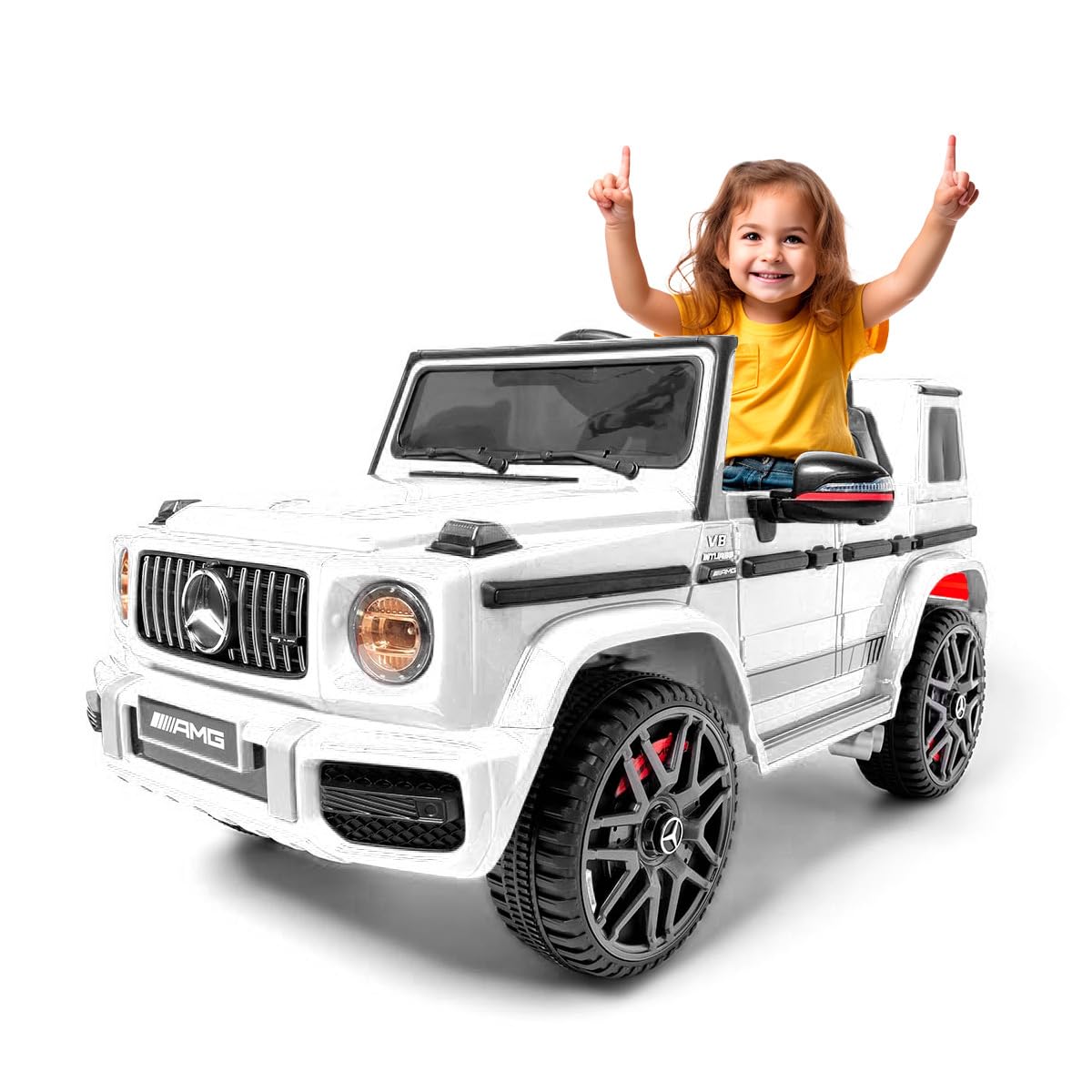 Mercedes G63 AMG 12v - Blanco- Coche eléctrico para niños Todo tereno con batería 12v, con Mando para Padres, música y Luces. Coche a batería Estilo Todo Terreno con Muchos Extras