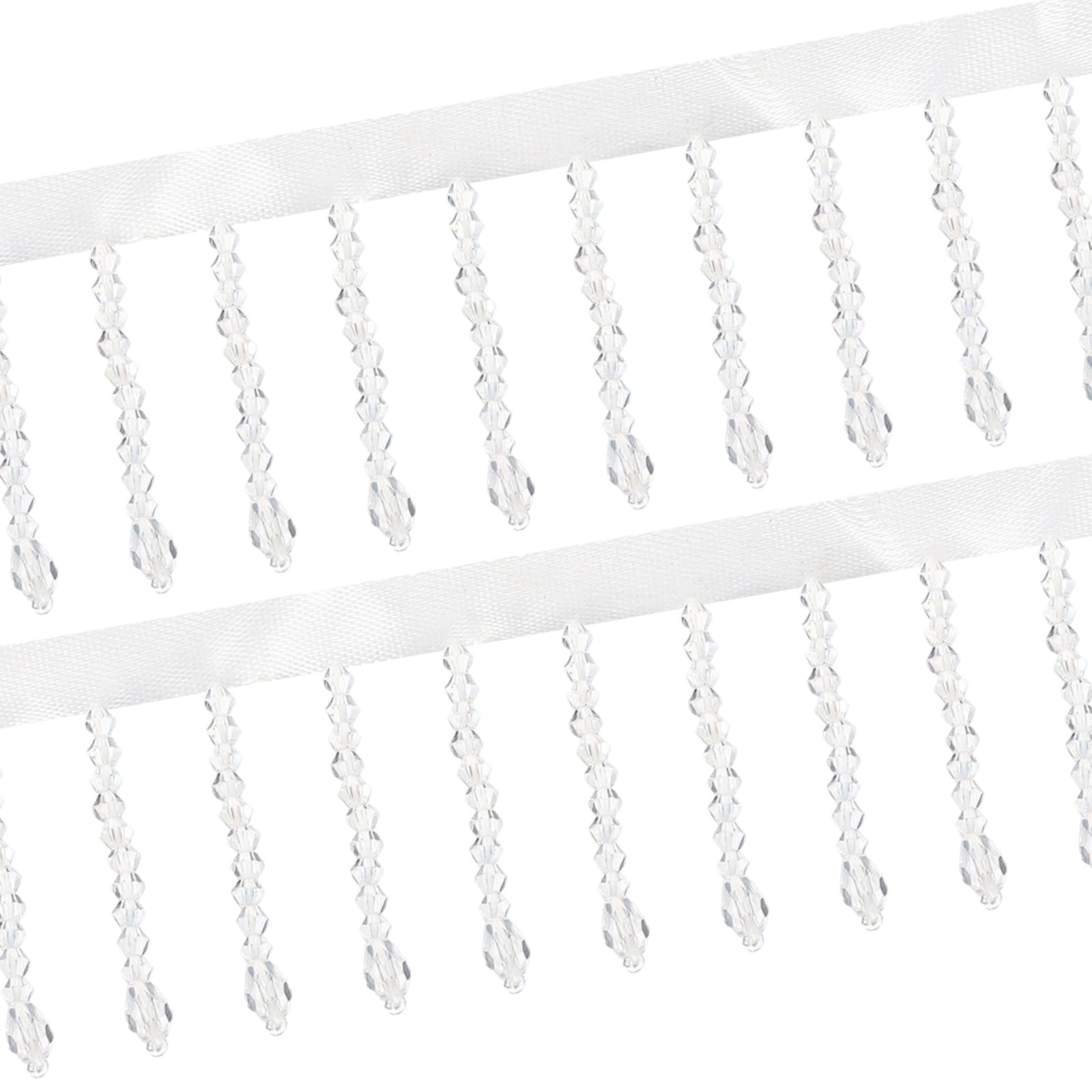 sourcing map 1 Yard Crystal Beaded Ribbon Fringe Trim, 2.4" Crystal Fringe Tassel Rhinestone Bead Trim Tassel for Curtain Lamp Shade Dress Clothes Wedding Decoration DIY, White