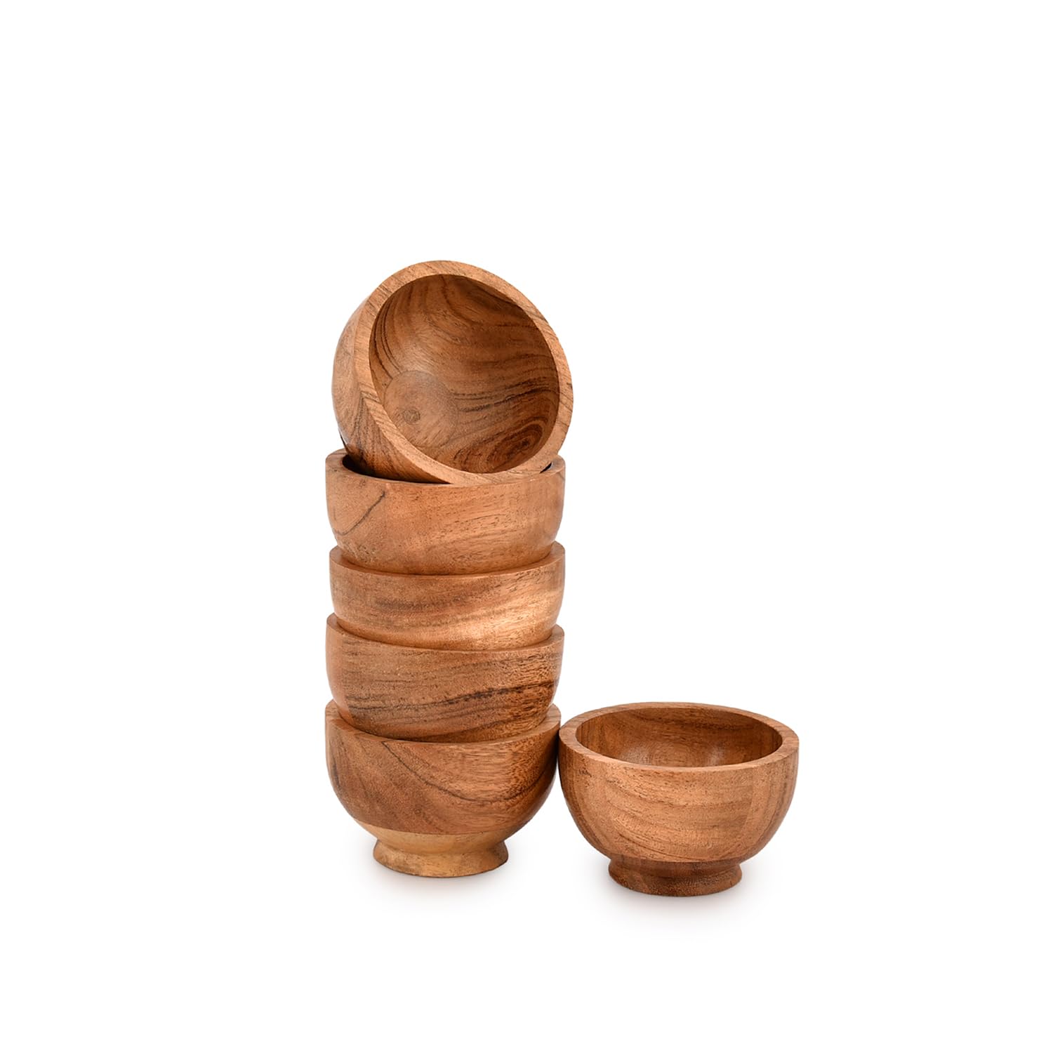 Mahasu Bowl Set Acacia Wood Set of 6 Hand Carved Wooden Kitchen Mini Cups for Dipping Sauce, Salsa, Prep, Salt & Condiments (3" X 3" X 2")