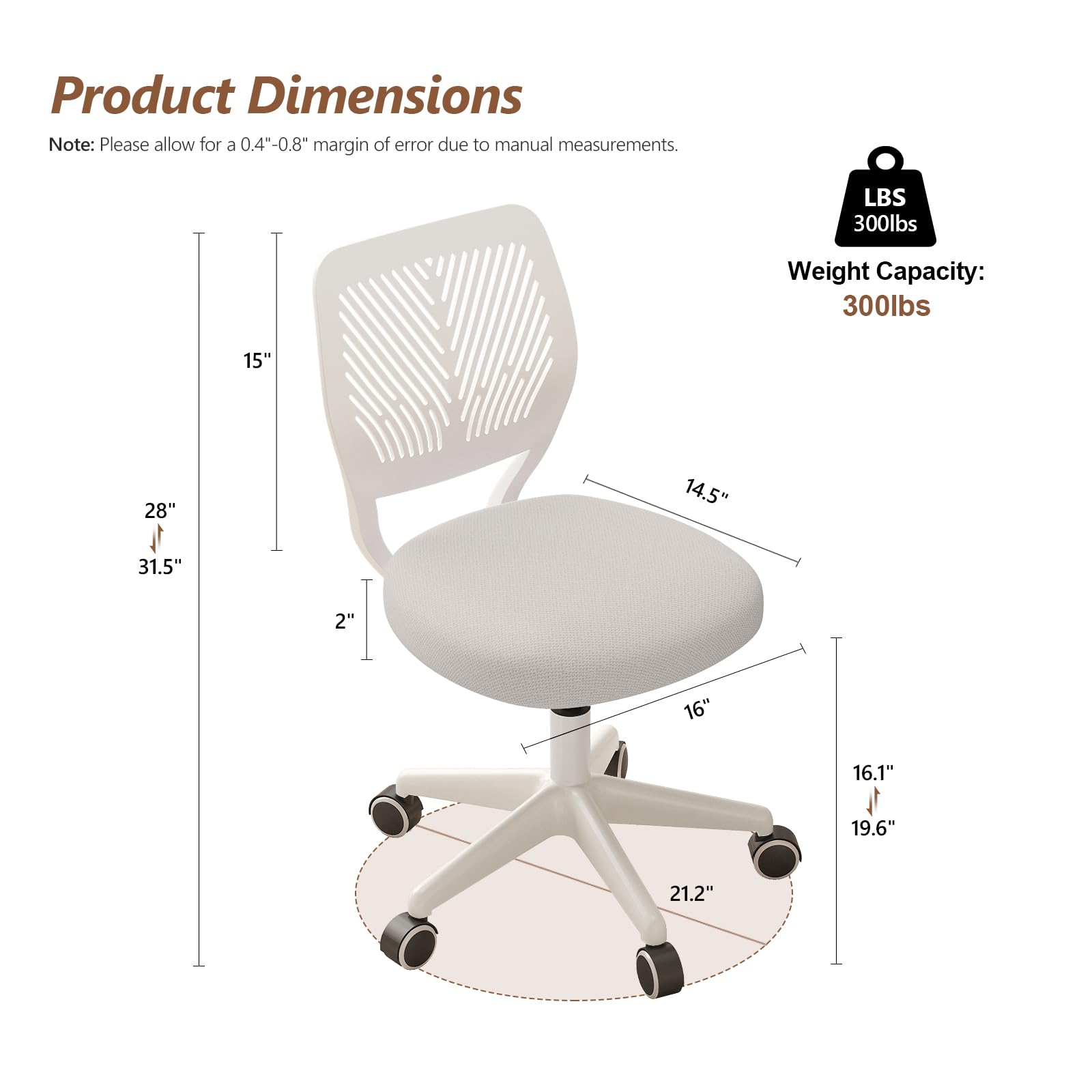 Silla Giratoria Ajustable para Escritorio, Silla de Oficina Sin Brazos, Taburete Redondo con Ruedas y Respaldo para Hogar y Oficina