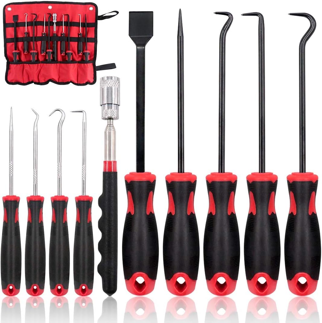 Swpeet 9Pcs Long Hook Set with Magnetic Telescoping Tool Kit, Precision Scraper Gasket Scraping Hose Removal Puller Hook Perfect for Automotive and Electronic Tools