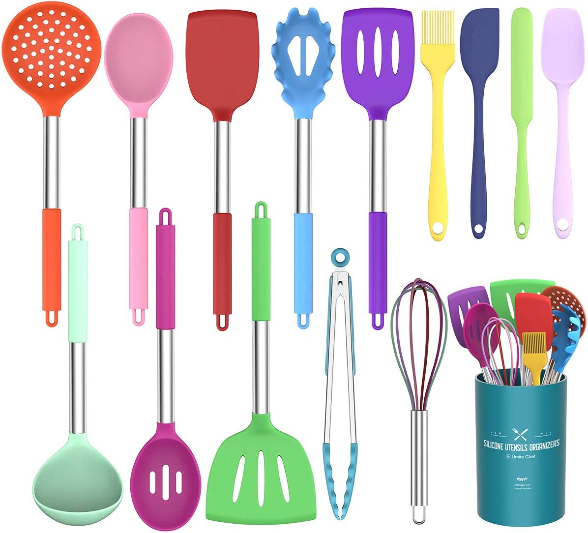 Umite Chef Kitchen Utensils Set 15 Pieces Silicone Heat Resistant Non-Stick BPA Free Stainless Steel Handle Spatula Spoon Tongs Whisk Cookware