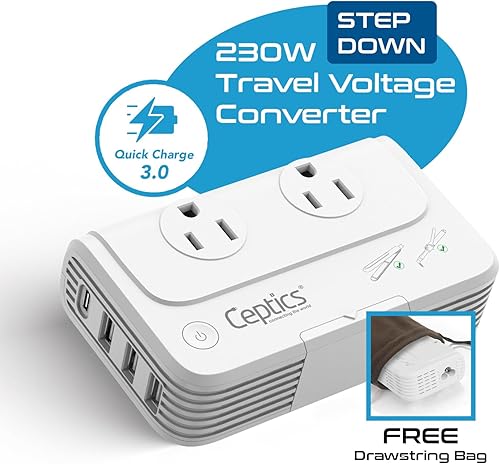Vista 3 de Ceptics Egipto, Dubai, Jordania Convertidor de Voltaje, Convierte 220V a 110V para Dispositivos como Rizador Plancha Alisadora Cargadores 4 USB PD
