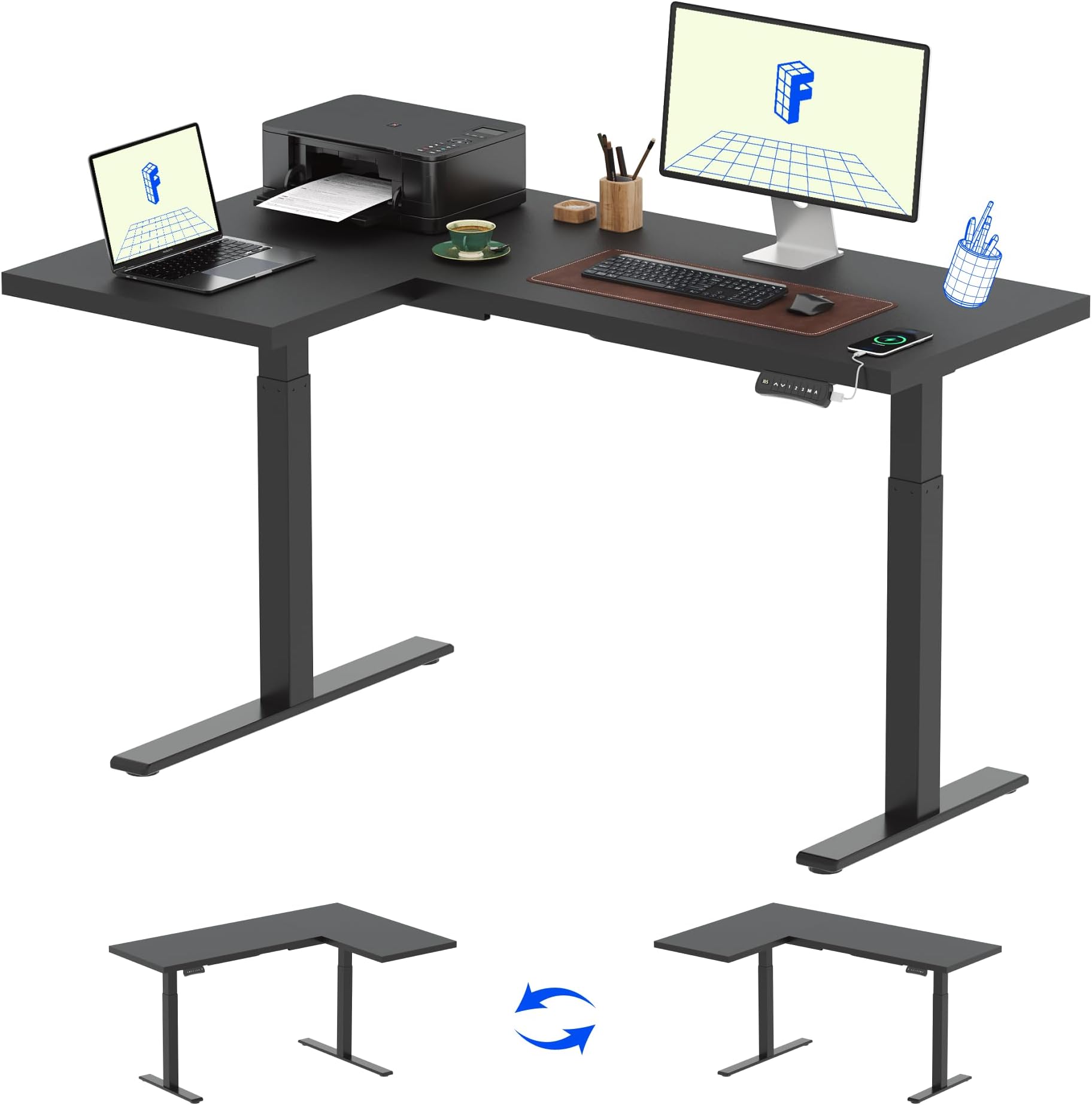 FLEXISPOT Pro Corner Desk Dual Motor L Shaped Computer Electric Standing Desk Sit Stand Up Desk Height Adjustable Desk Home Office Table with Splice Board, 63x40 Black(2 Pakages)