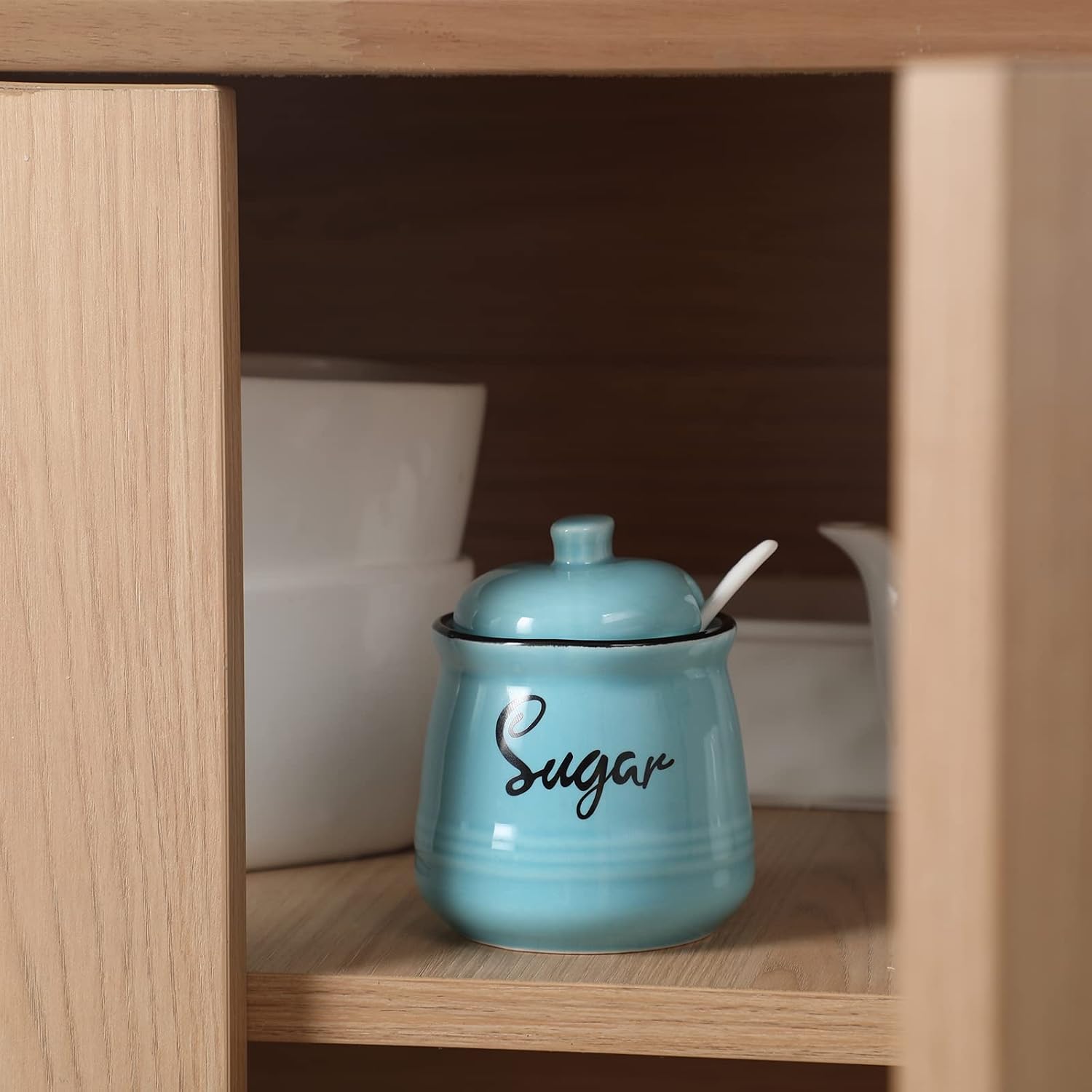 Farmhouse Porcelain Sugar Bowl with Lid and Spoon 12oz,Easy to Clean (Turquoise)