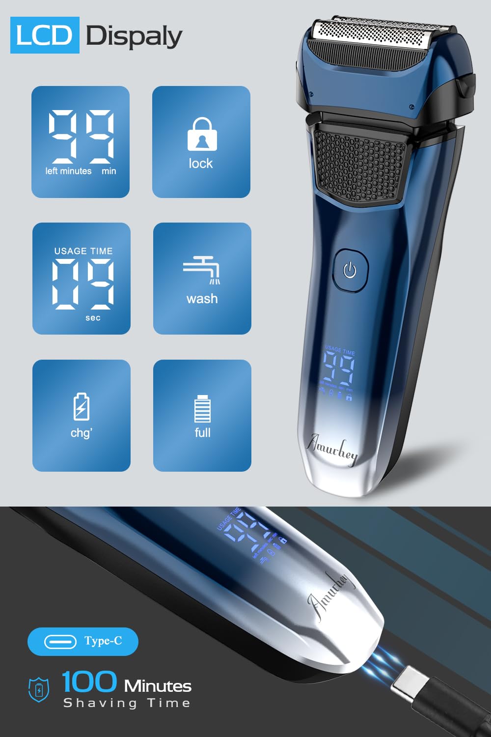 Rasoir Électrique homme avec 3 lames flexibles et étui de voyage, Rasoir Électrique Barbe avec tondeuse de précision, rasoir humide/sec, autonomie de 120 minutes, rechargeable, cadeaux pour hommes